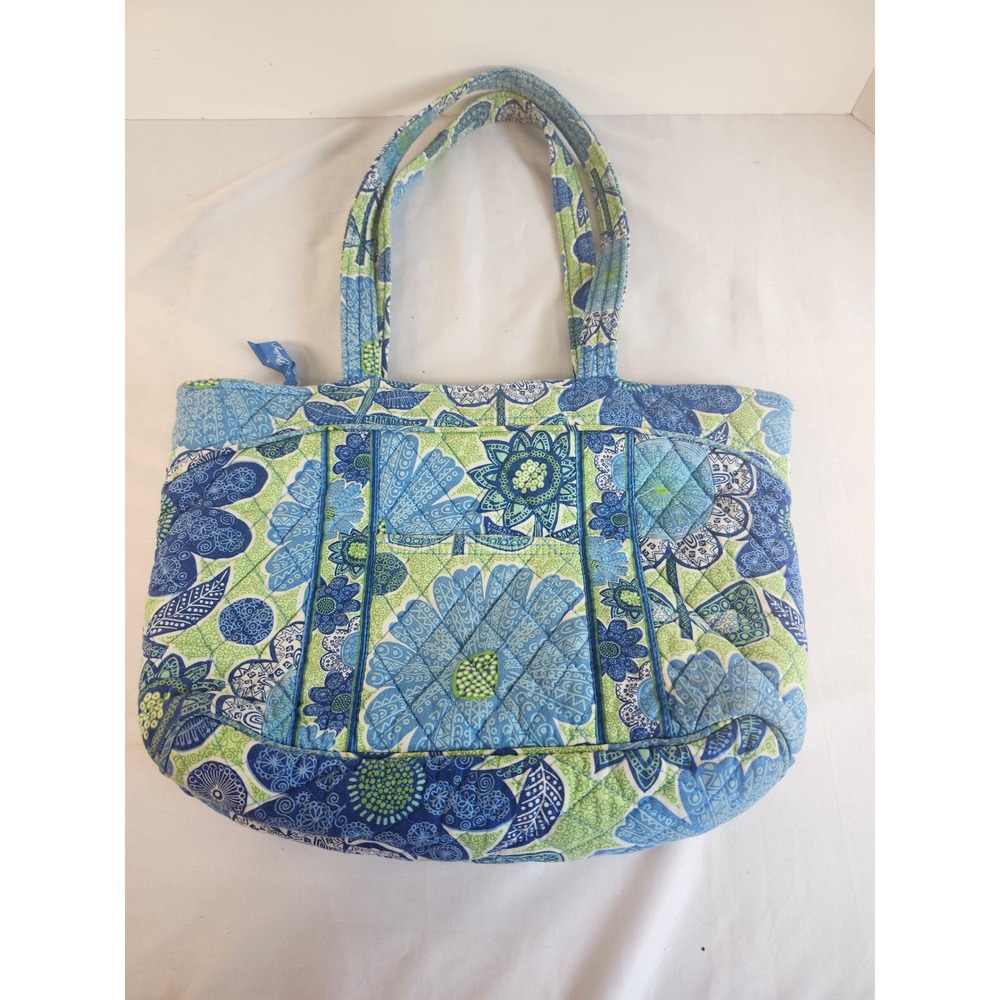 Vera Bradley Blue Bayou Quilted Cotton Tote Bag Floral Zip Top Shoulder Bag